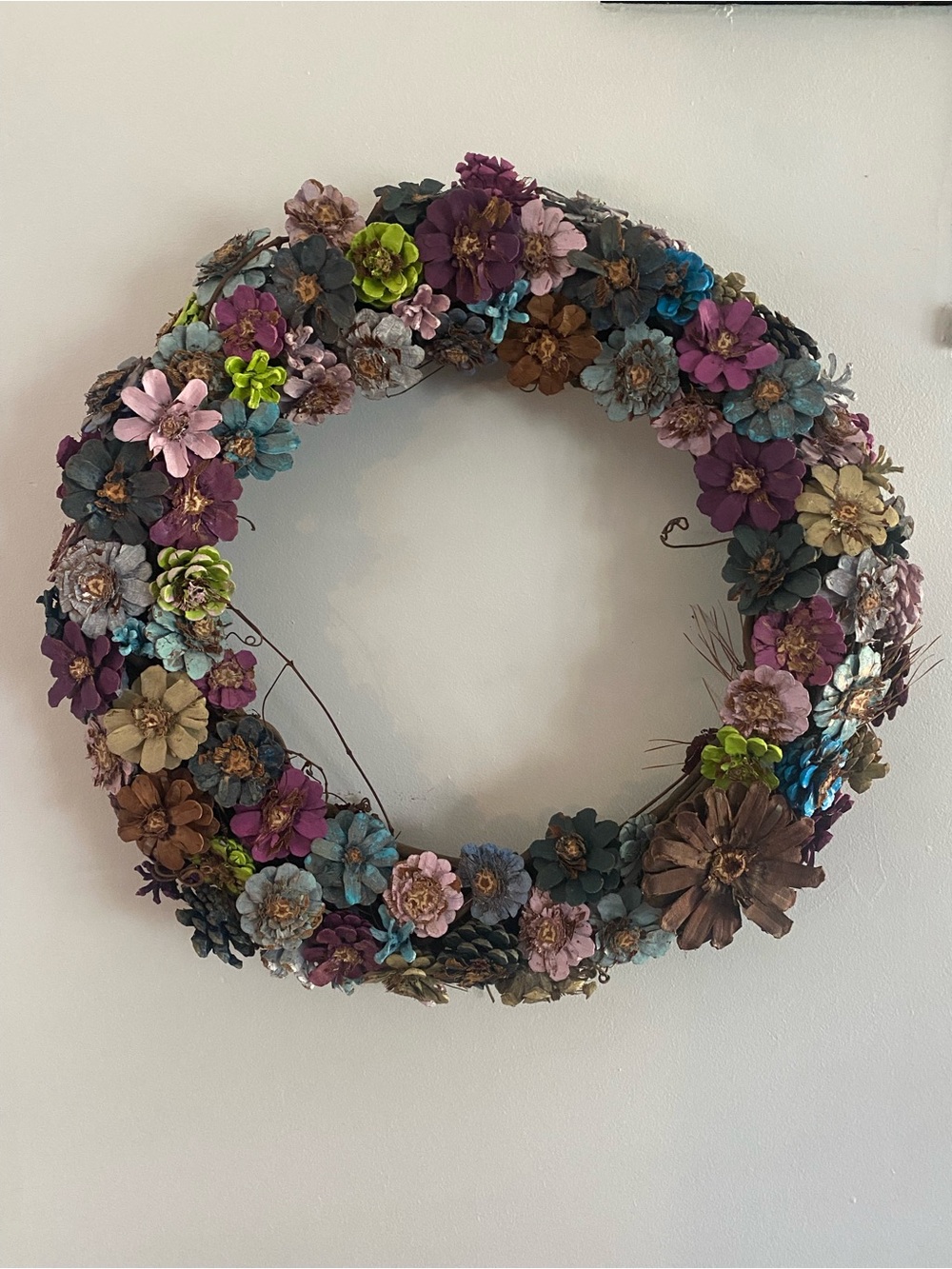 Multicolor Floral Pinecone 20” Wreath with Purple, Teal & Green Accents
